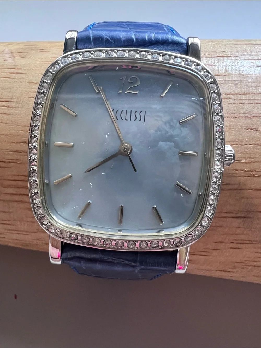 Vintage Ecclissi Blue MOP Dial Crystal Bezel Blue Leather Band Watch